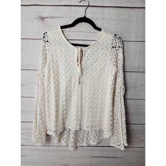 Karlie Tops - Karlie‎ Womens Hi Lo Top Off White Long Sleeve Bell Open Back Crochet USA Boho M